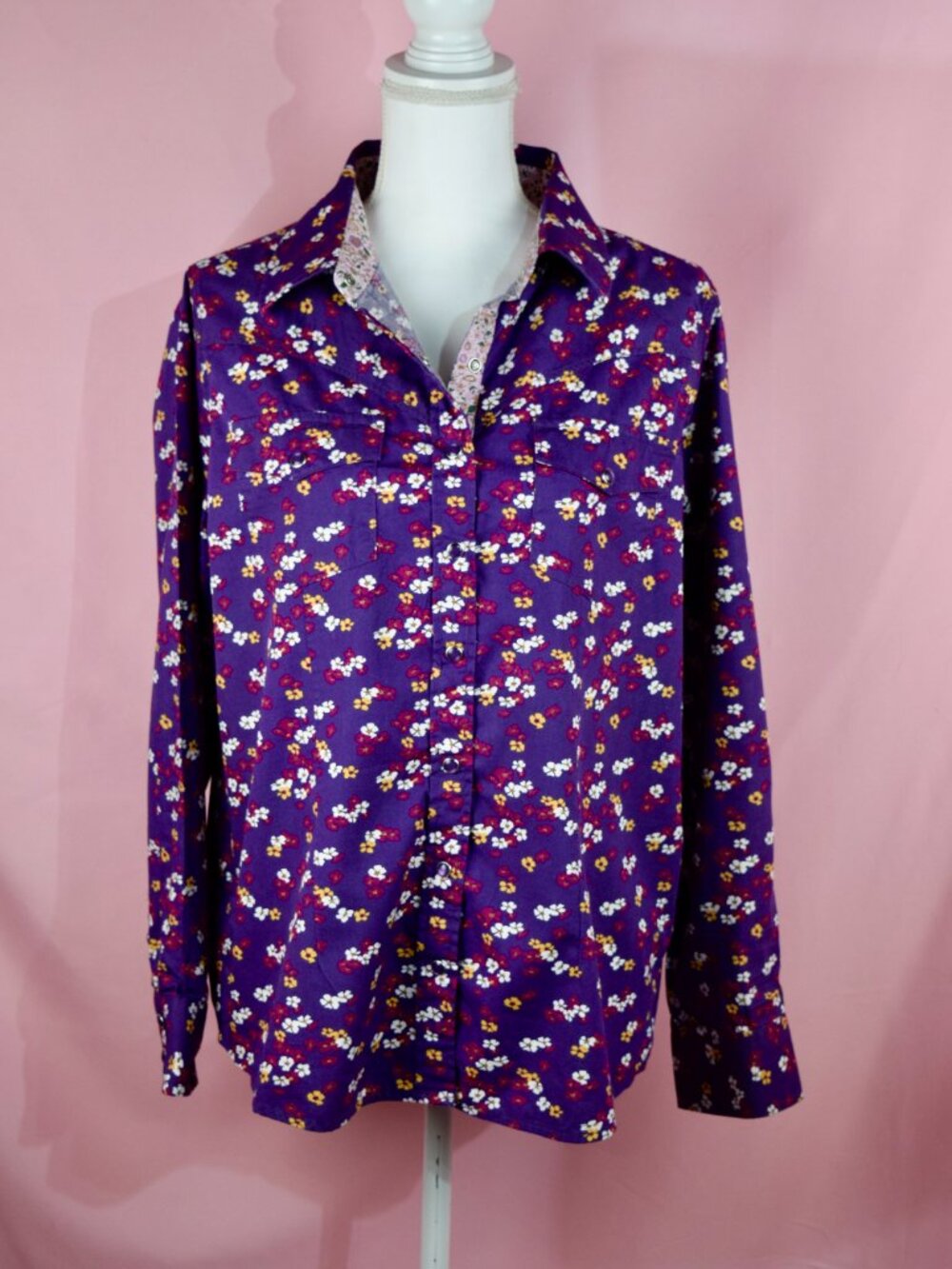 Back in the Saddle Purple Floral Western Pearl Snap Long Sleeve Blouse | Size L